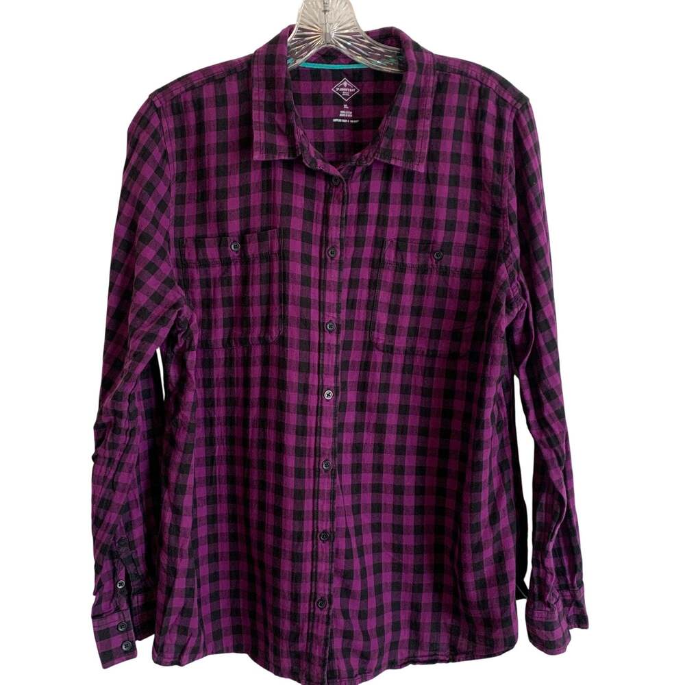St Johns Bay Womens XL Purple Black Buffalo Plaid Flannel Button Down Shirt